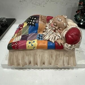 Vintage Ceramic Sleeping Santa In Bed Christmas Candy Dish Alberta Mold 1978